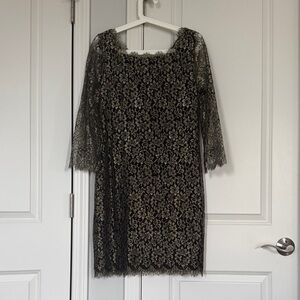 Diane Von Furstenberg Black Dress with Gold Lace Overlay